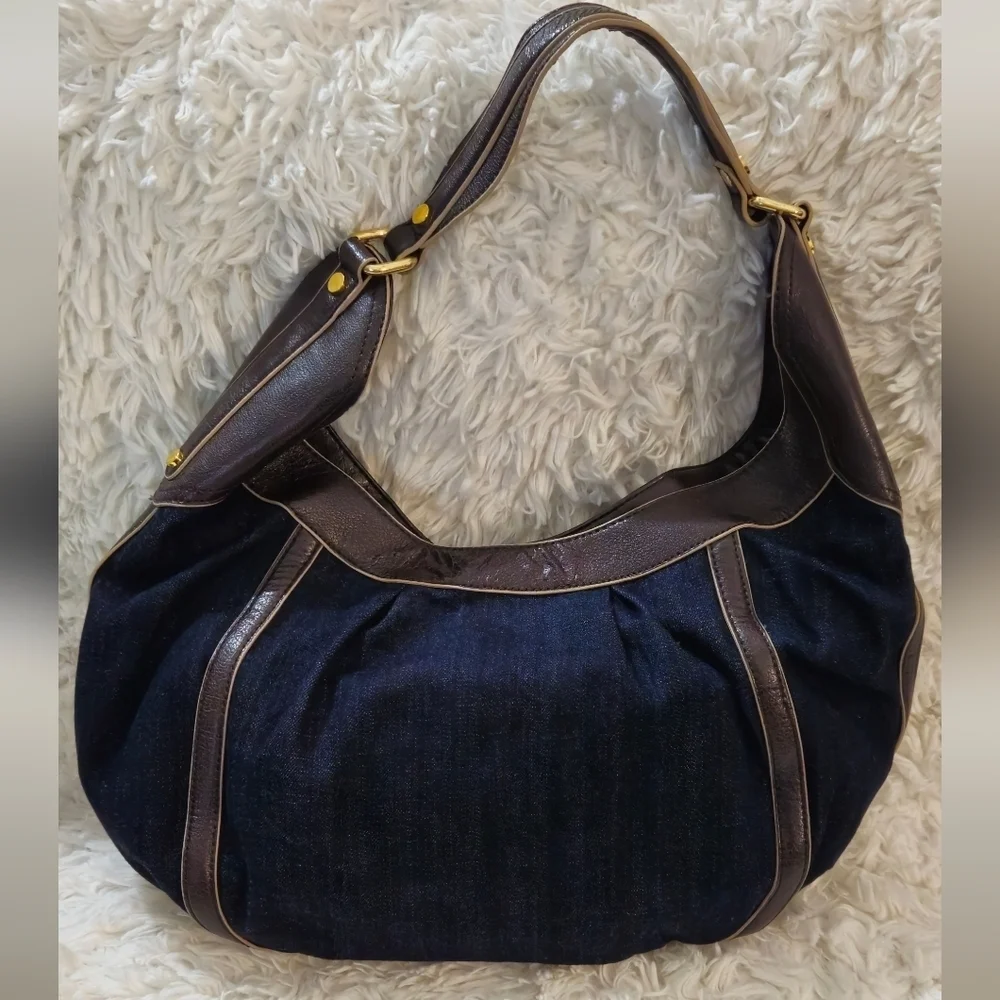 Dana Buchman Demin Navy and Brown Faux Leather Trim w/Gold Hardware Hobo Bag